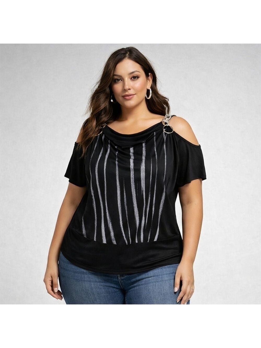 Cold Shoulder Tunic Black/Silver Stripe Chain Plus 1X Moto, Y2K, Streetwear